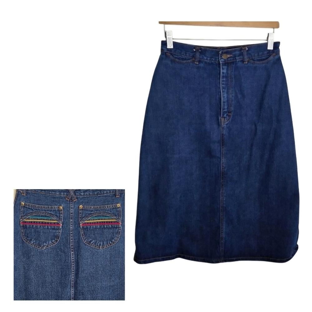 Vintage Pentimento Brittania Denim Midi Skirt Back Pocket Embellishment Size 11
